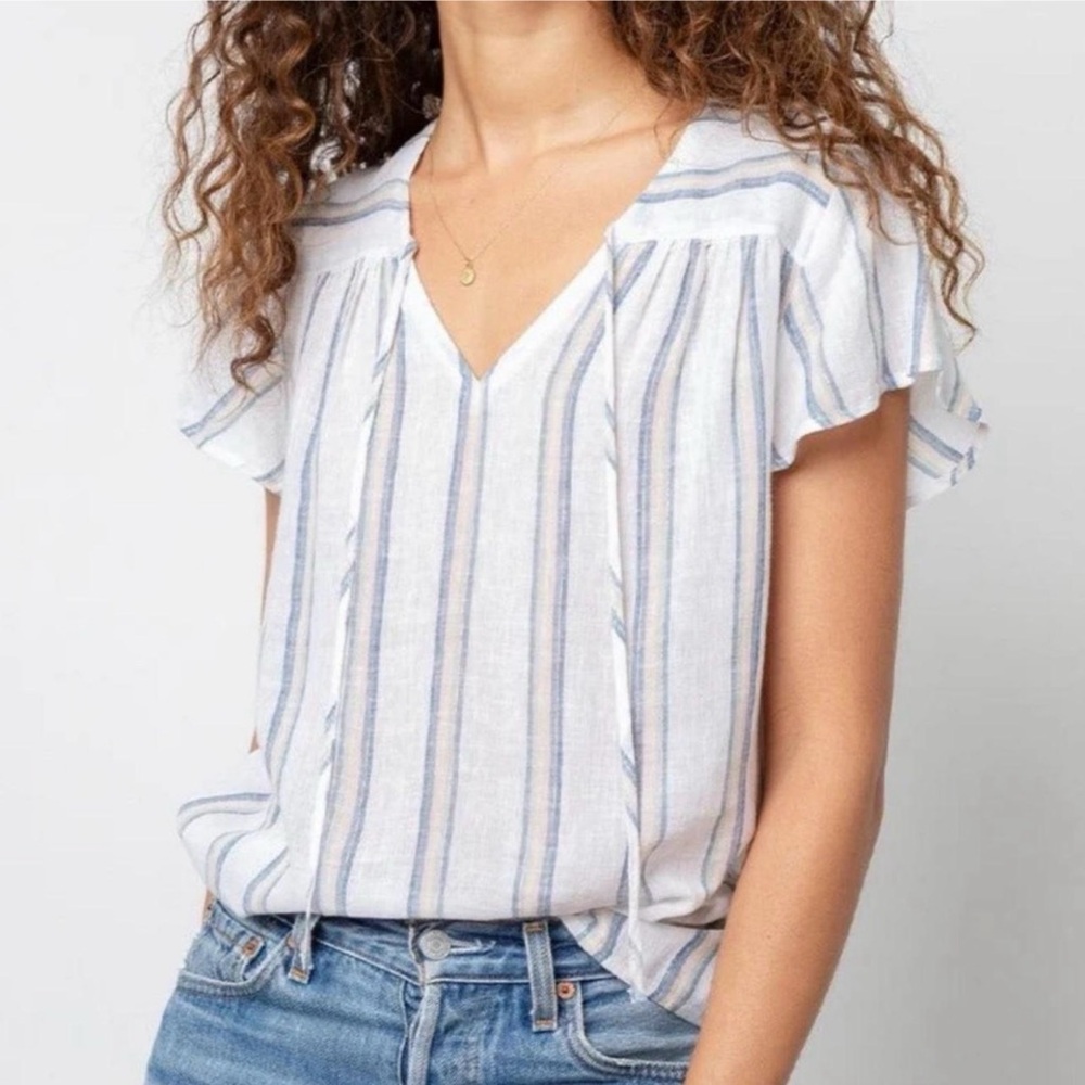 Rails Viera Top In Ryland Stripes Linen Blend Short Sleeves Blouse Size L